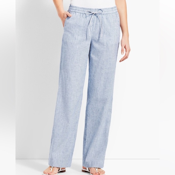 Talbots Striped Linen Cotton Blue White Wide Leg Drawstring Pants 22WP - Picture 1 of 10